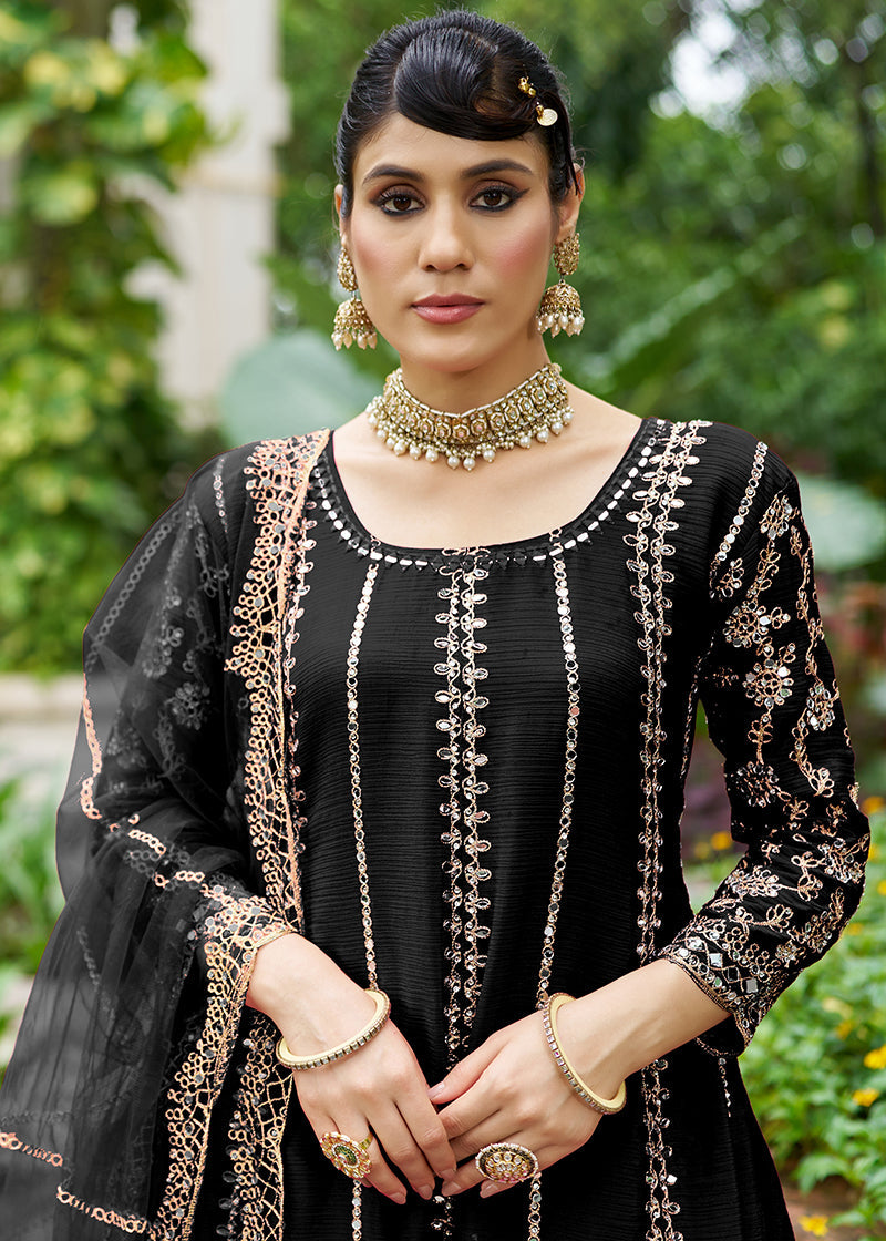 Monjolika Fashion Black Embroidered Chinnon Readymade Palazzo Kameez for Festival | Grocsy