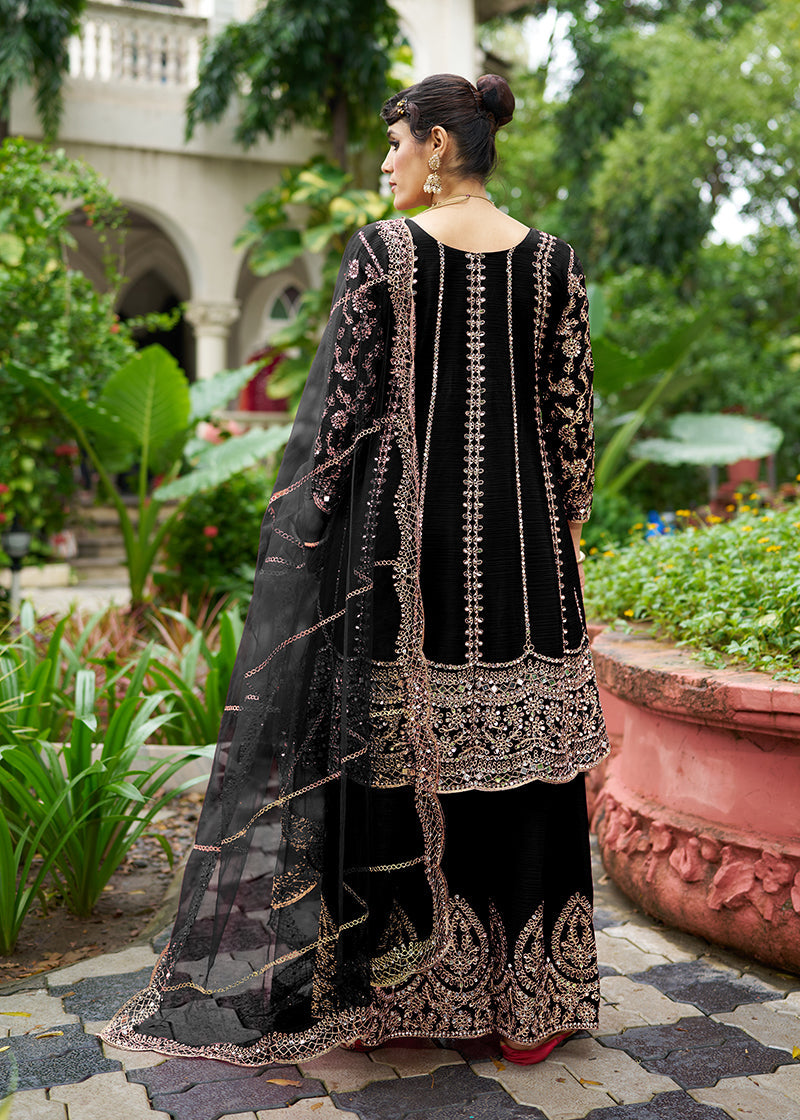 Monjolika Fashion Black Embroidered Chinnon Readymade Palazzo Kameez for Festival | Grocsy