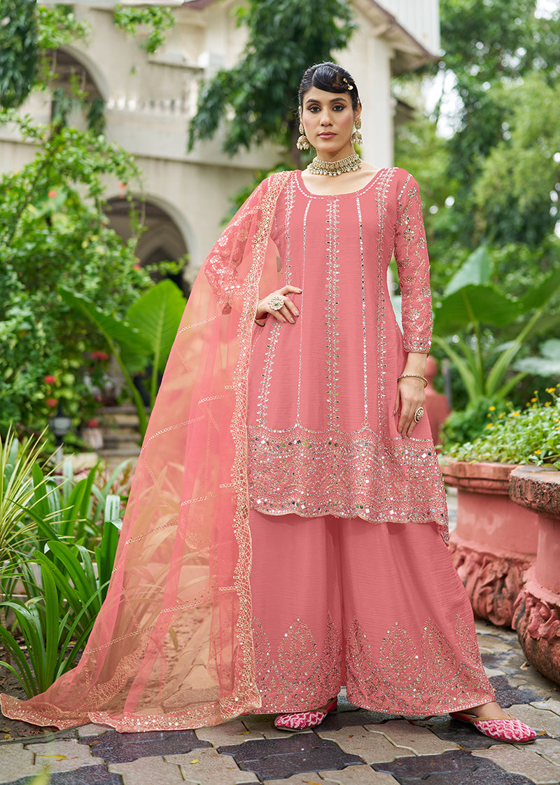 Monjolika Fashion Pink Embroidered Chinnon Readymade Palazzo Kameez for Festival | Grocsy