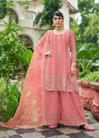 Monjolika Fashion Pink Embroidered Chinnon Readymade Palazzo Kameez for Festival | Grocsy