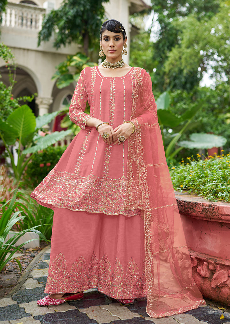 Monjolika Fashion Pink Embroidered Chinnon Readymade Palazzo Kameez for Festival | Grocsy