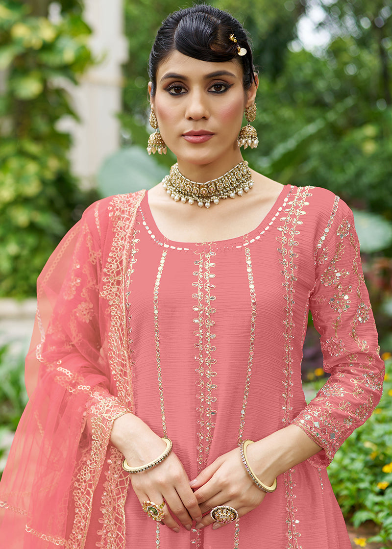 Monjolika Fashion Pink Embroidered Chinnon Readymade Palazzo Kameez for Festival | Grocsy