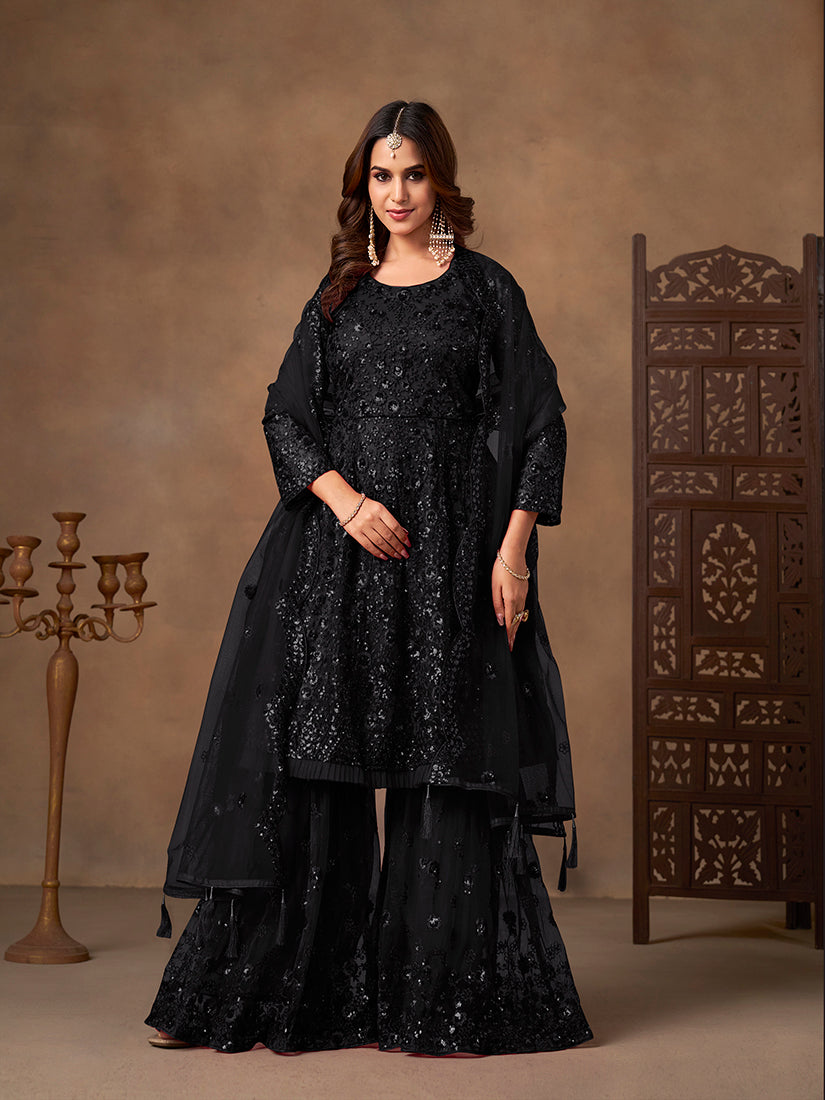 Monjolika Fashion Black Embroidered Net Party Palazzo Salwar Suit | Grocsy