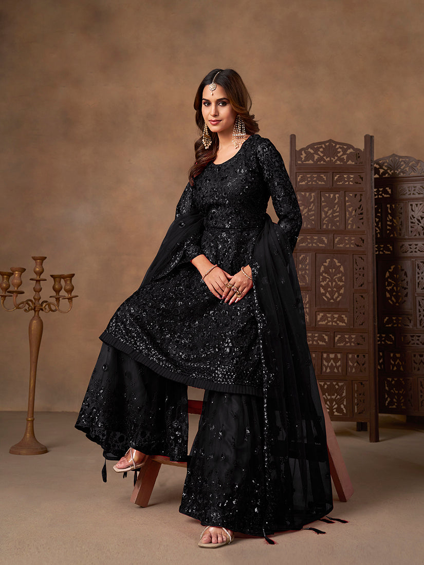 Monjolika Fashion Black Embroidered Net Party Palazzo Salwar Suit | Grocsy
