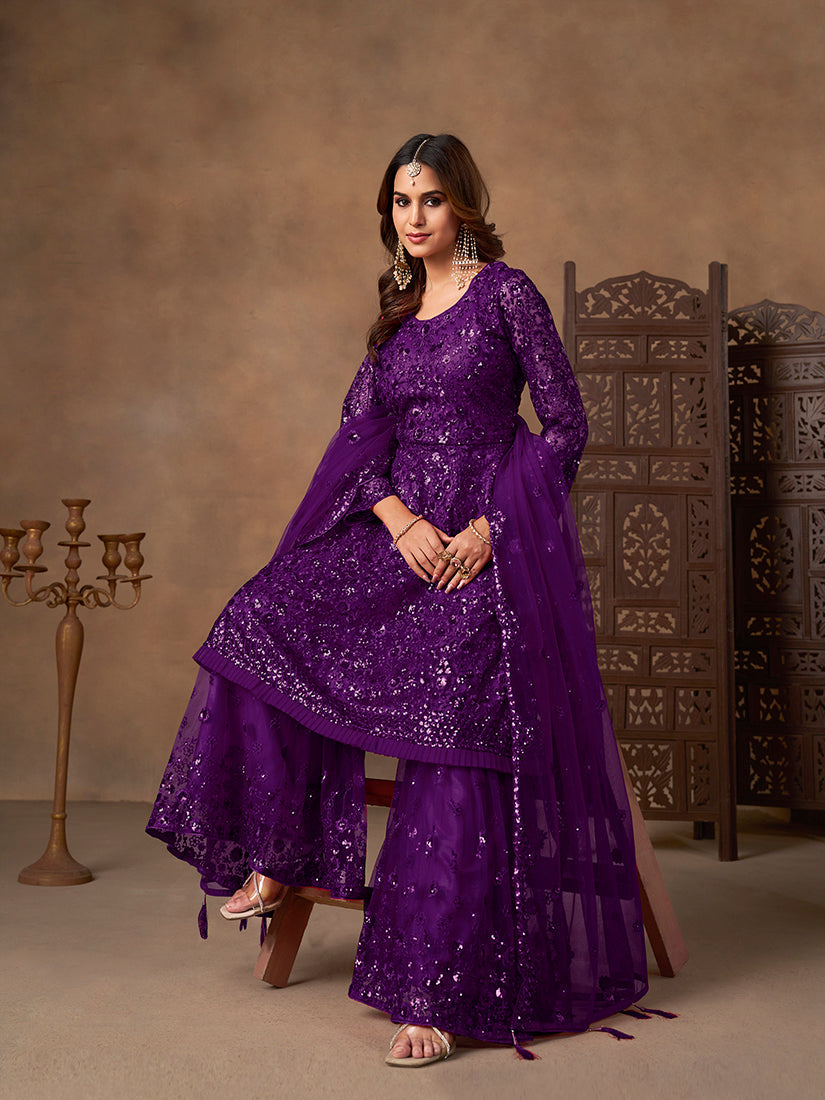 Monjolika Fashion Purple Embroidered Net Party Palazzo Salwar Suit | Grocsy