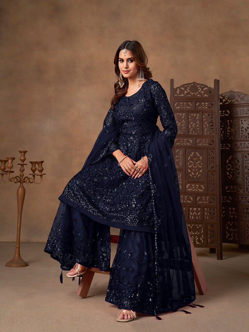 Monjolika Fashion Navy Blue Embroidered Net Party Palazzo Salwar Suit | Grocsy