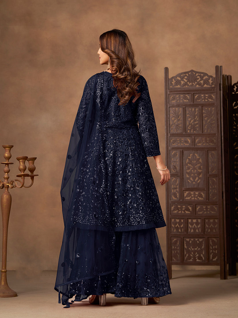 Monjolika Fashion Navy Blue Embroidered Net Party Palazzo Salwar Suit | Grocsy