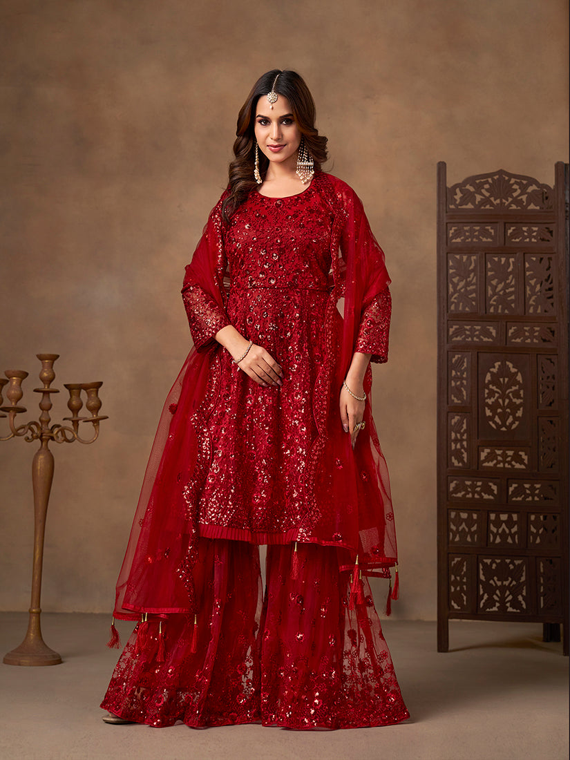 Monjolika Fashion Red Embroidered Net Party Palazzo Salwar Suit | Grocsy