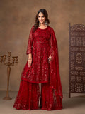 Monjolika Fashion Red Embroidered Net Party Palazzo Salwar Suit | Grocsy