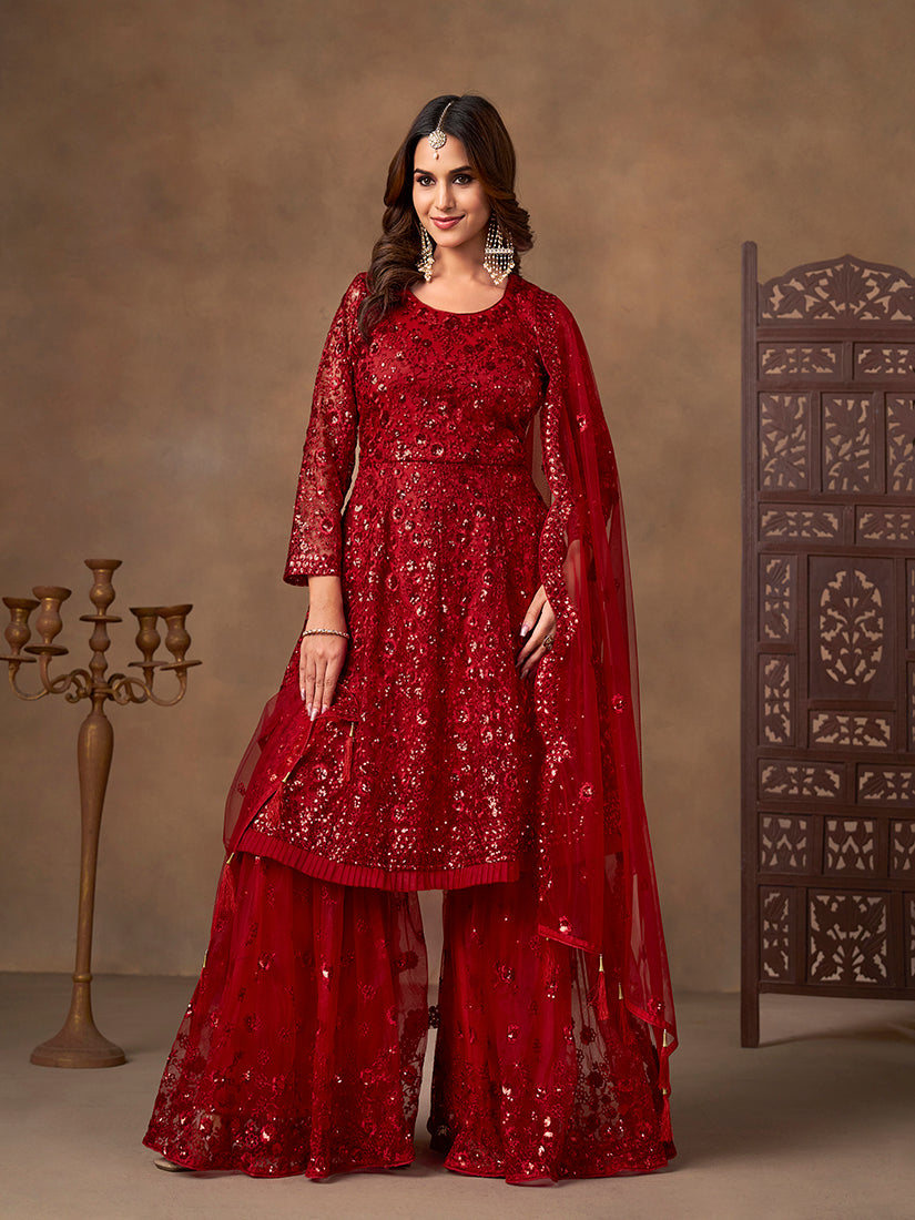Monjolika Fashion Red Embroidered Net Party Palazzo Salwar Suit | Grocsy
