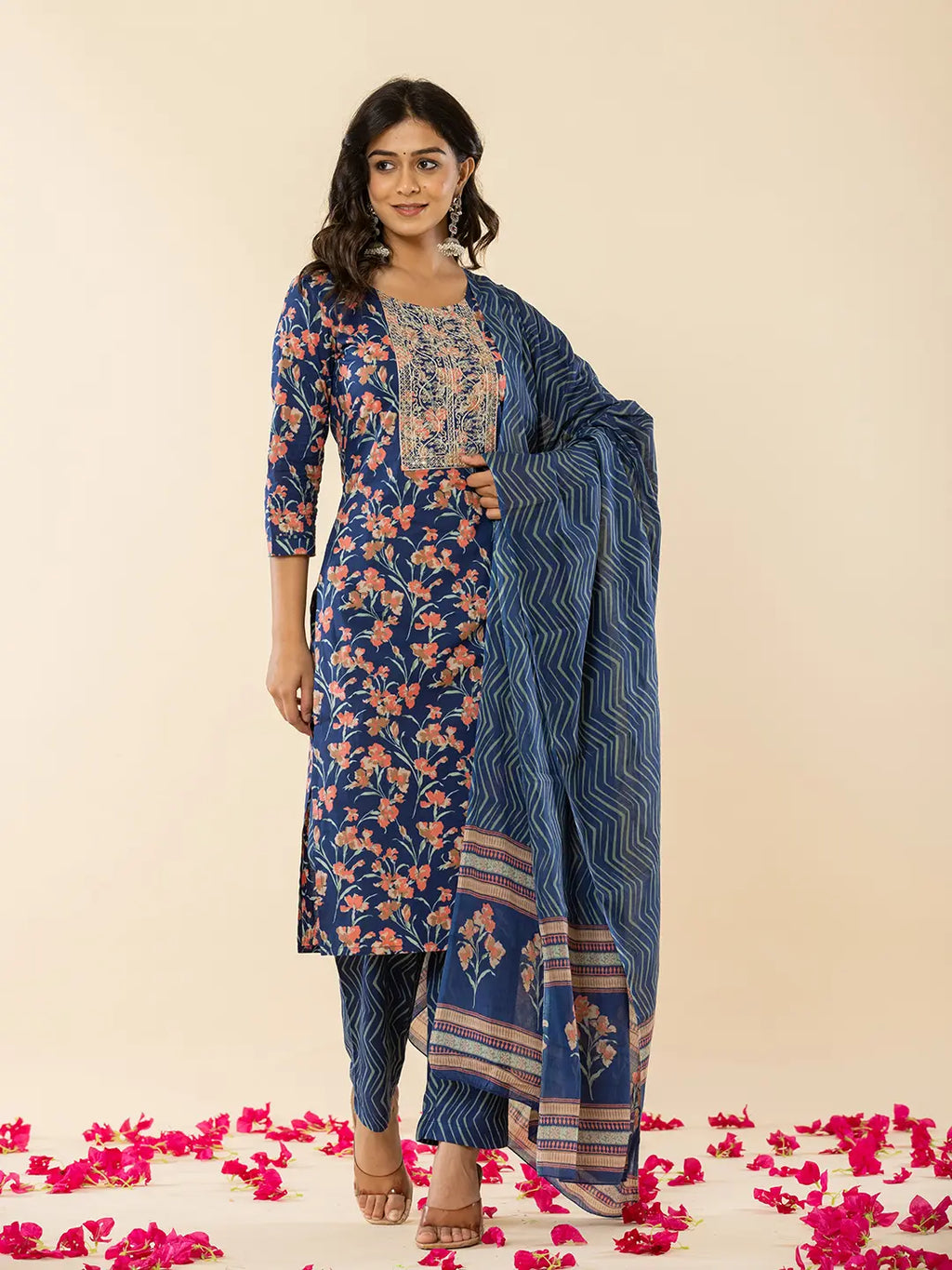 Yufta Blue Cotton Dori_Embroidery Straight Kurta Dupatta Pant Set | Grocsy