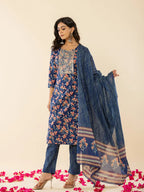 Yufta Blue Cotton Dori_Embroidery Straight Kurta Dupatta Pant Set | Grocsy