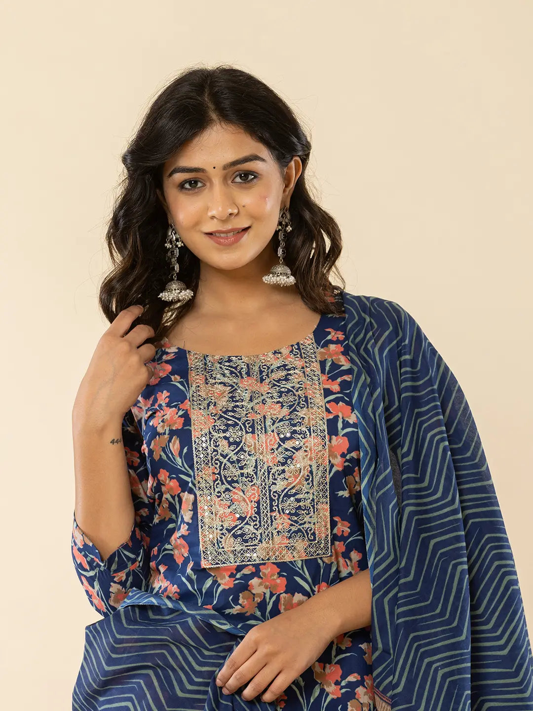 Yufta Blue Cotton Dori_Embroidery Straight Kurta Dupatta Pant Set | Grocsy