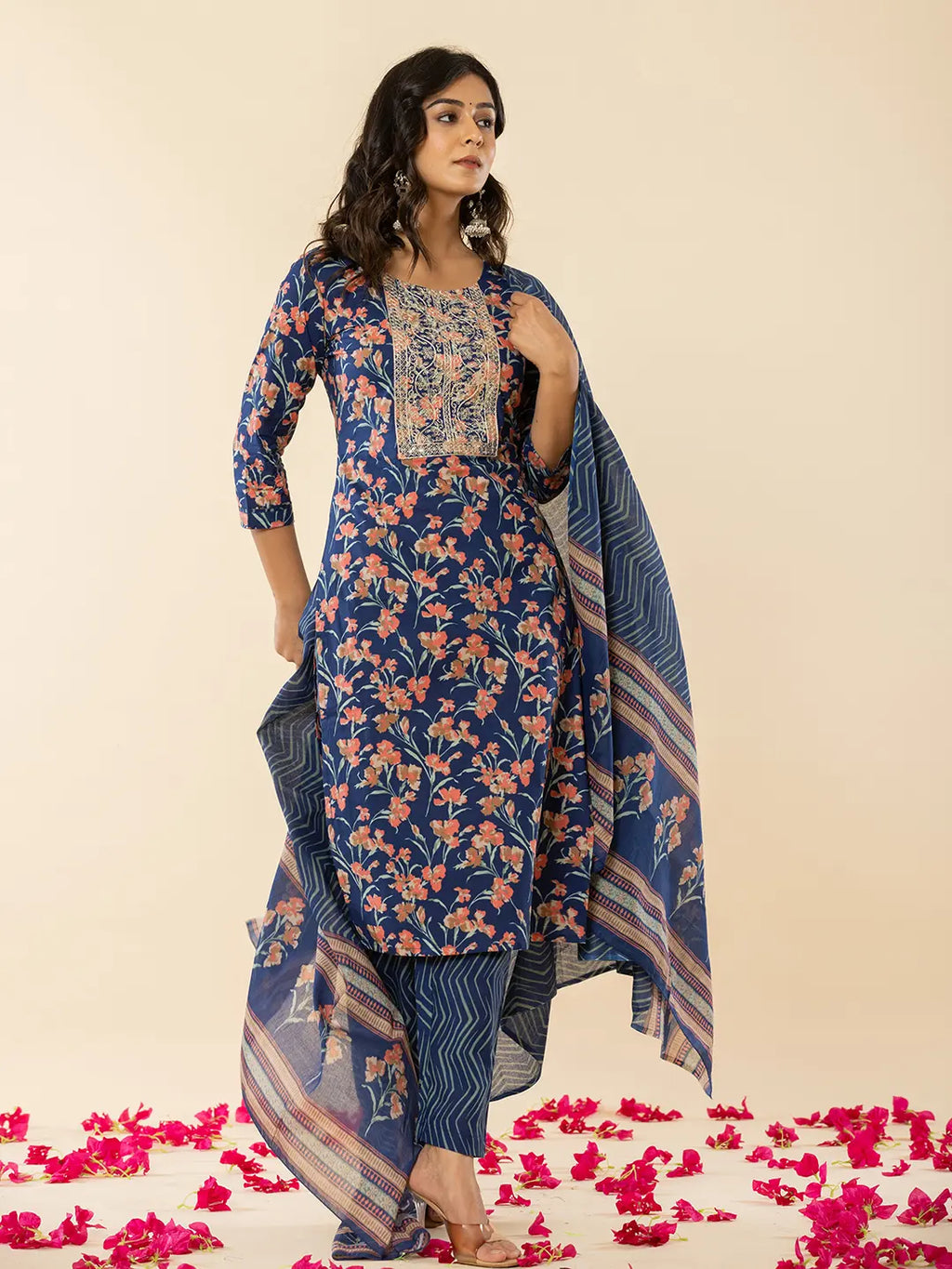 Yufta Blue Cotton Dori_Embroidery Straight Kurta Dupatta Pant Set | Grocsy