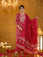 Yufta Burgundy Cotton Dori_Embroidery Straight Kurta Dupatta Pant Set | Grocsy