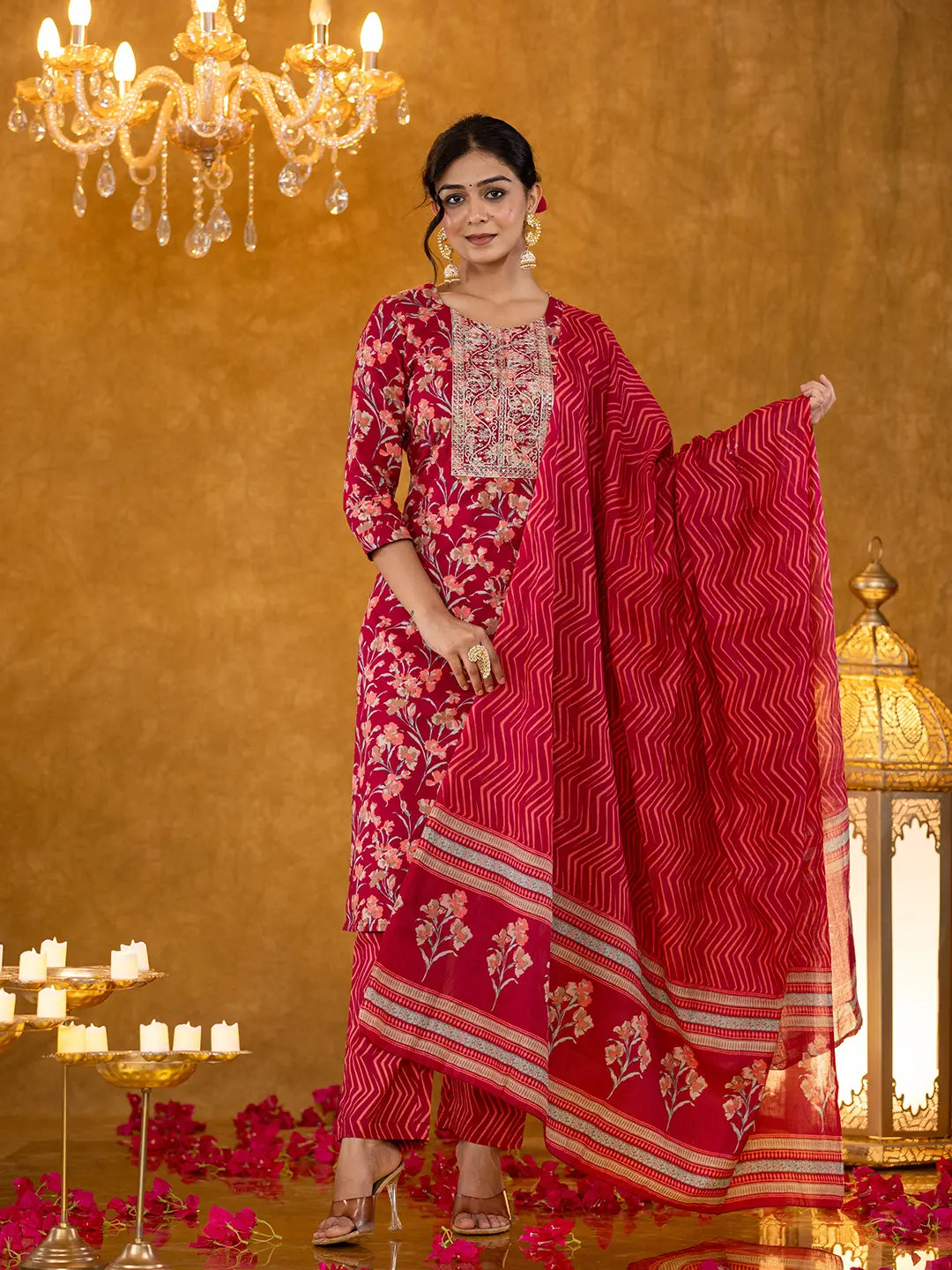 Yufta Burgundy Cotton Dori_Embroidery Straight Kurta Dupatta Pant Set | Grocsy