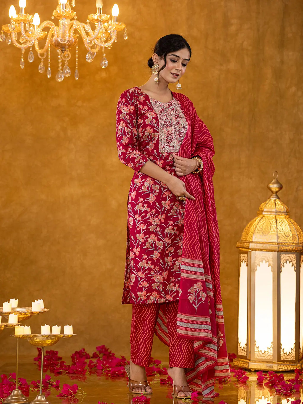 Yufta Burgundy Cotton Dori_Embroidery Straight Kurta Dupatta Pant Set | Grocsy