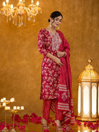 Yufta Burgundy Cotton Dori_Embroidery Straight Kurta Dupatta Pant Set | Grocsy