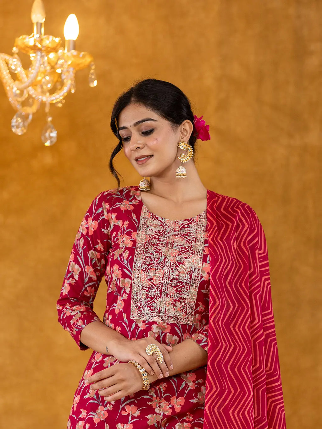 Yufta Burgundy Cotton Dori_Embroidery Straight Kurta Dupatta Pant Set | Grocsy