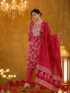 Yufta Burgundy Cotton Dori_Embroidery Straight Kurta Dupatta Pant Set | Grocsy