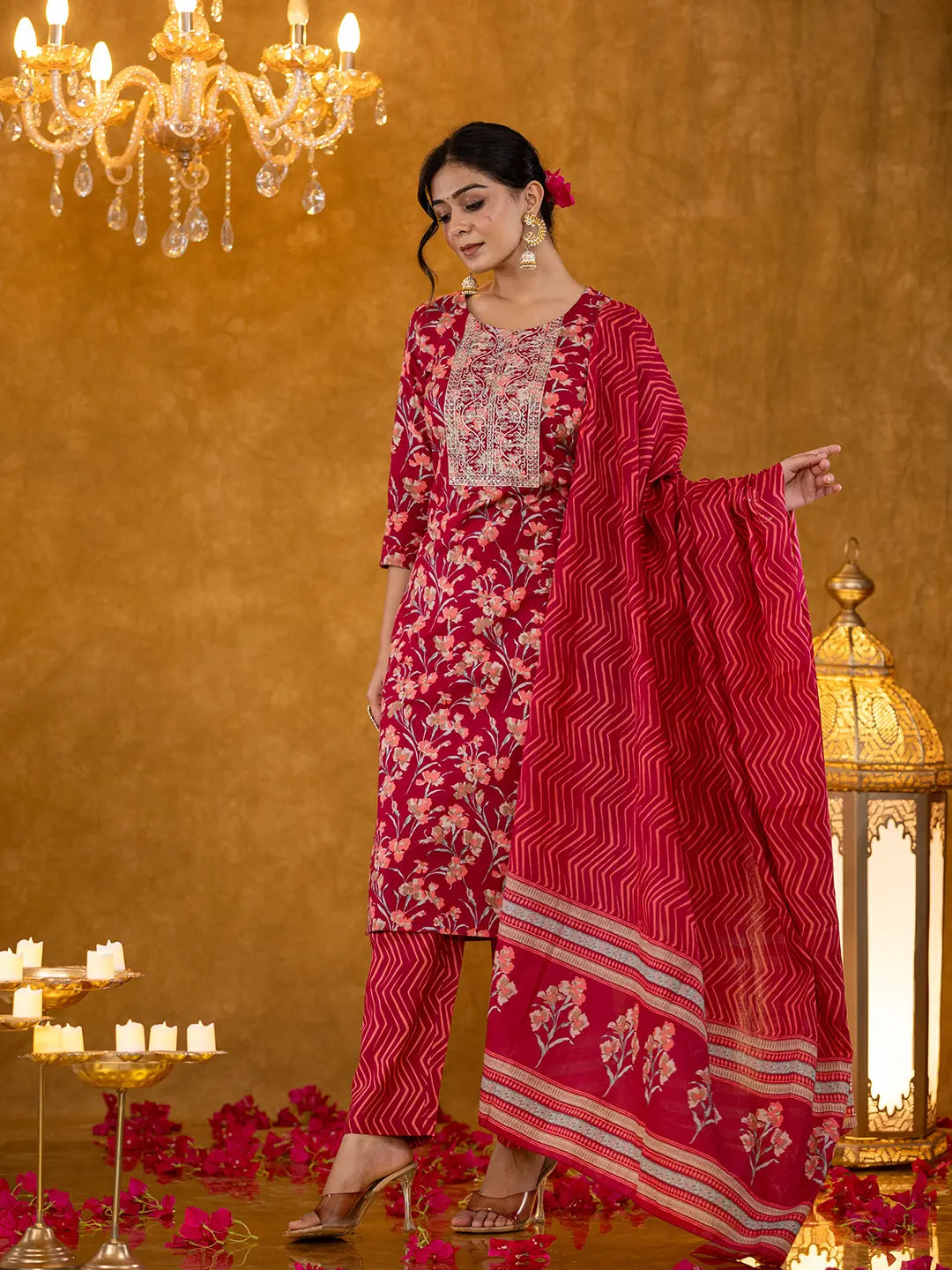 Yufta Burgundy Cotton Dori_Embroidery Straight Kurta Dupatta Pant Set | Grocsy