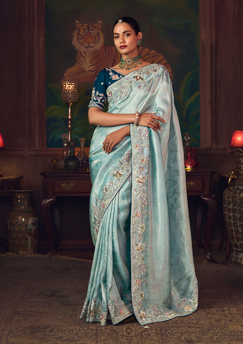 Monjolika Fashion Sky Blue Zari Woven Silk Blend Embroidered Saree For Wedding Wear | Grocsy