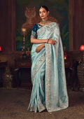 Monjolika Fashion Sky Blue Zari Woven Silk Blend Embroidered Saree For Wedding Wear | Grocsy