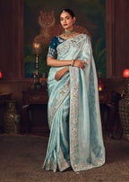 Monjolika Fashion Sky Blue Zari Woven Silk Blend Embroidered Saree For Wedding Wear | Grocsy