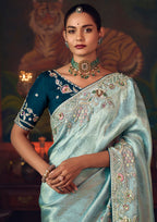 Monjolika Fashion Sky Blue Zari Woven Silk Blend Embroidered Saree For Wedding Wear | Grocsy