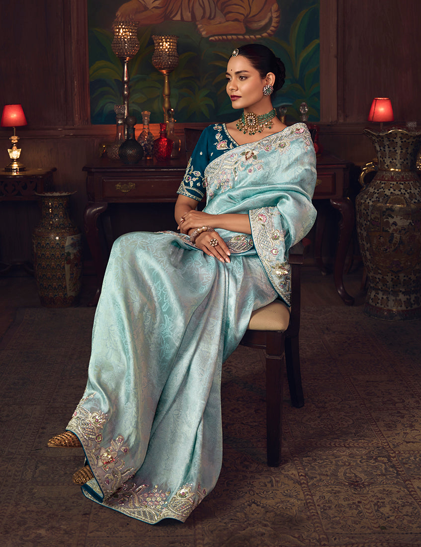 Monjolika Fashion Sky Blue Zari Woven Silk Blend Embroidered Saree For Wedding Wear | Grocsy