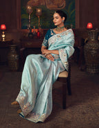 Monjolika Fashion Sky Blue Zari Woven Silk Blend Embroidered Saree For Wedding Wear | Grocsy