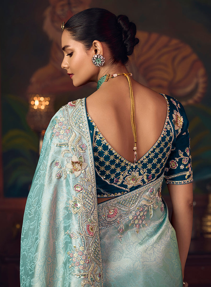 Monjolika Fashion Sky Blue Zari Woven Silk Blend Embroidered Saree For Wedding Wear | Grocsy