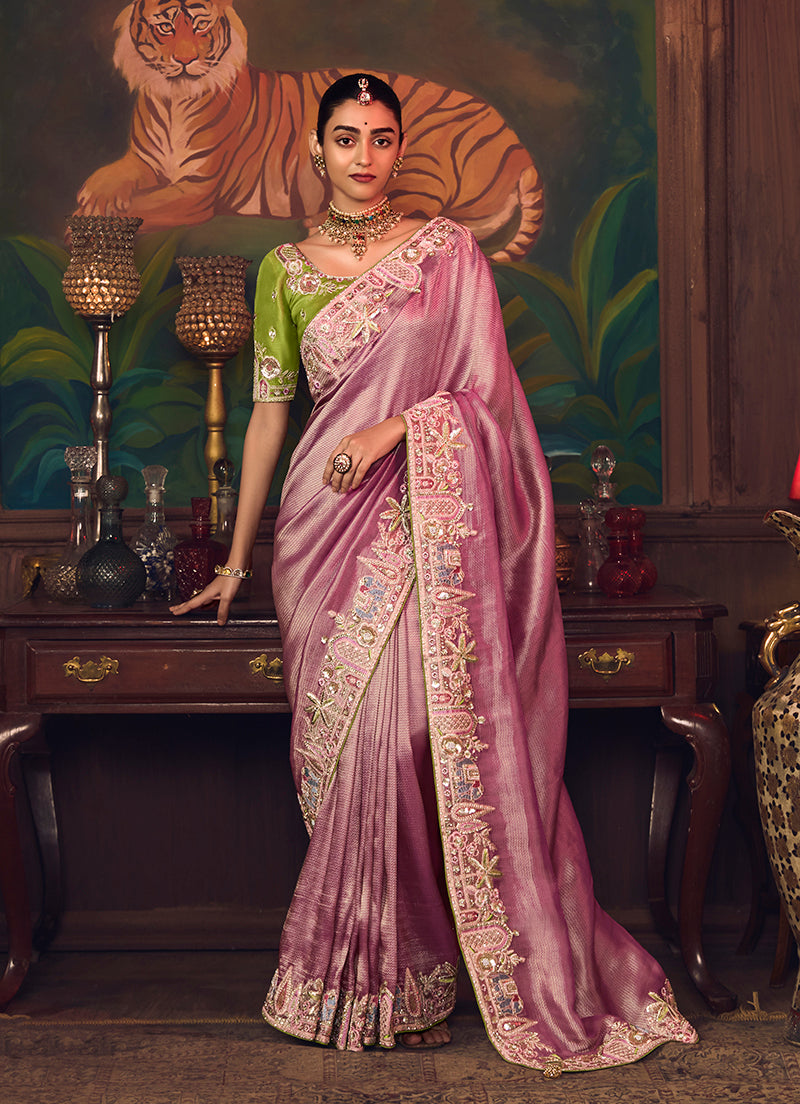 Monjolika Fashion Onion Pink Zari Woven Silk Blend Embroidered Saree For Wedding Wear | Grocsy