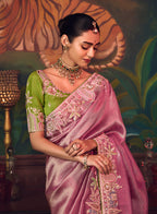 Monjolika Fashion Onion Pink Zari Woven Silk Blend Embroidered Saree For Wedding Wear | Grocsy
