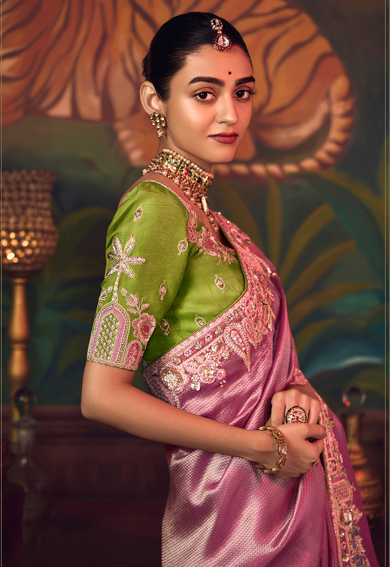 Monjolika Fashion Onion Pink Zari Woven Silk Blend Embroidered Saree For Wedding Wear | Grocsy