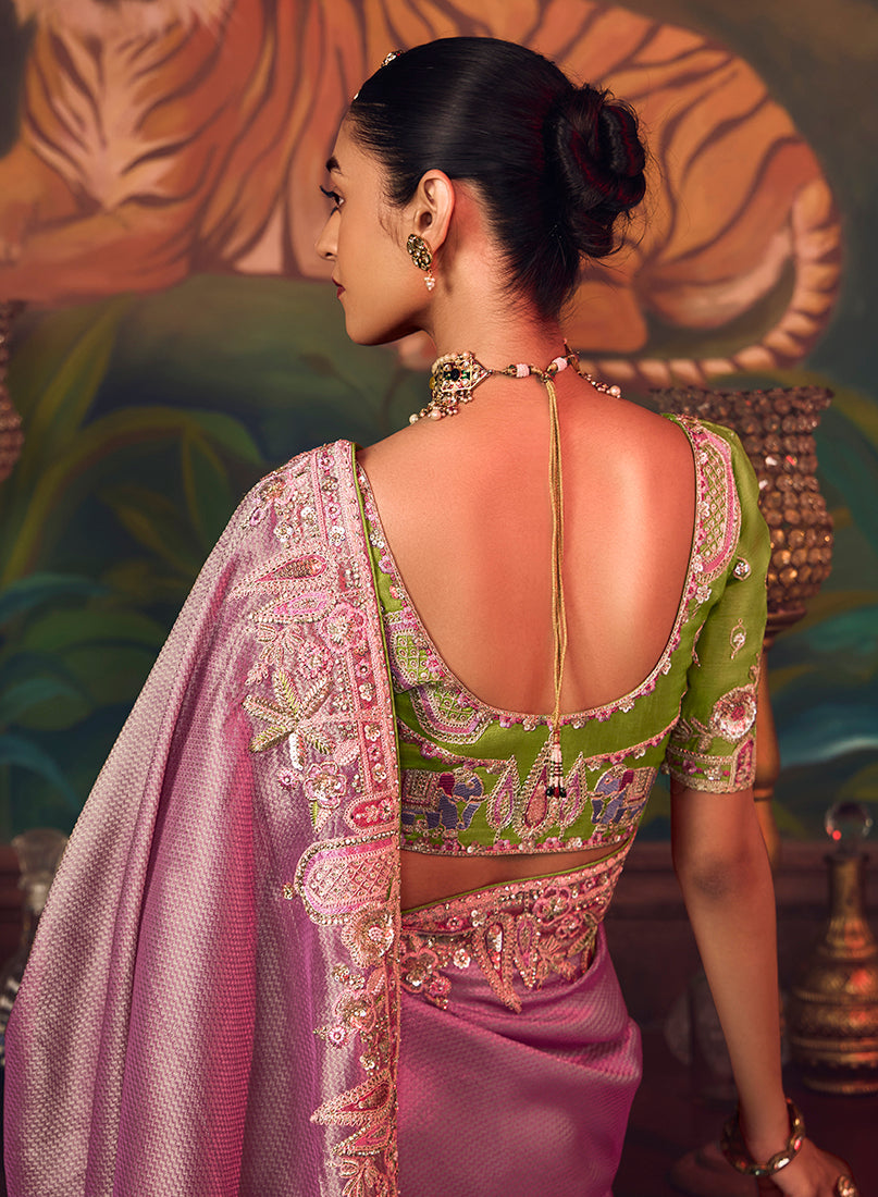Monjolika Fashion Onion Pink Zari Woven Silk Blend Embroidered Saree For Wedding Wear | Grocsy
