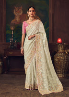 Monjolika Fashion Off White Zari Woven Silk Blend Embroidered Saree For Wedding Wear | Grocsy