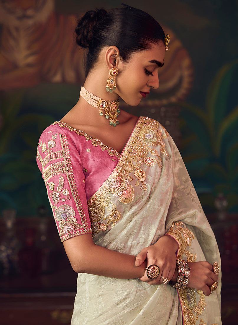 Monjolika Fashion Off White Zari Woven Silk Blend Embroidered Saree For Wedding Wear | Grocsy