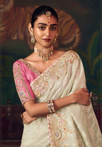 Monjolika Fashion Off White Zari Woven Silk Blend Embroidered Saree For Wedding Wear | Grocsy