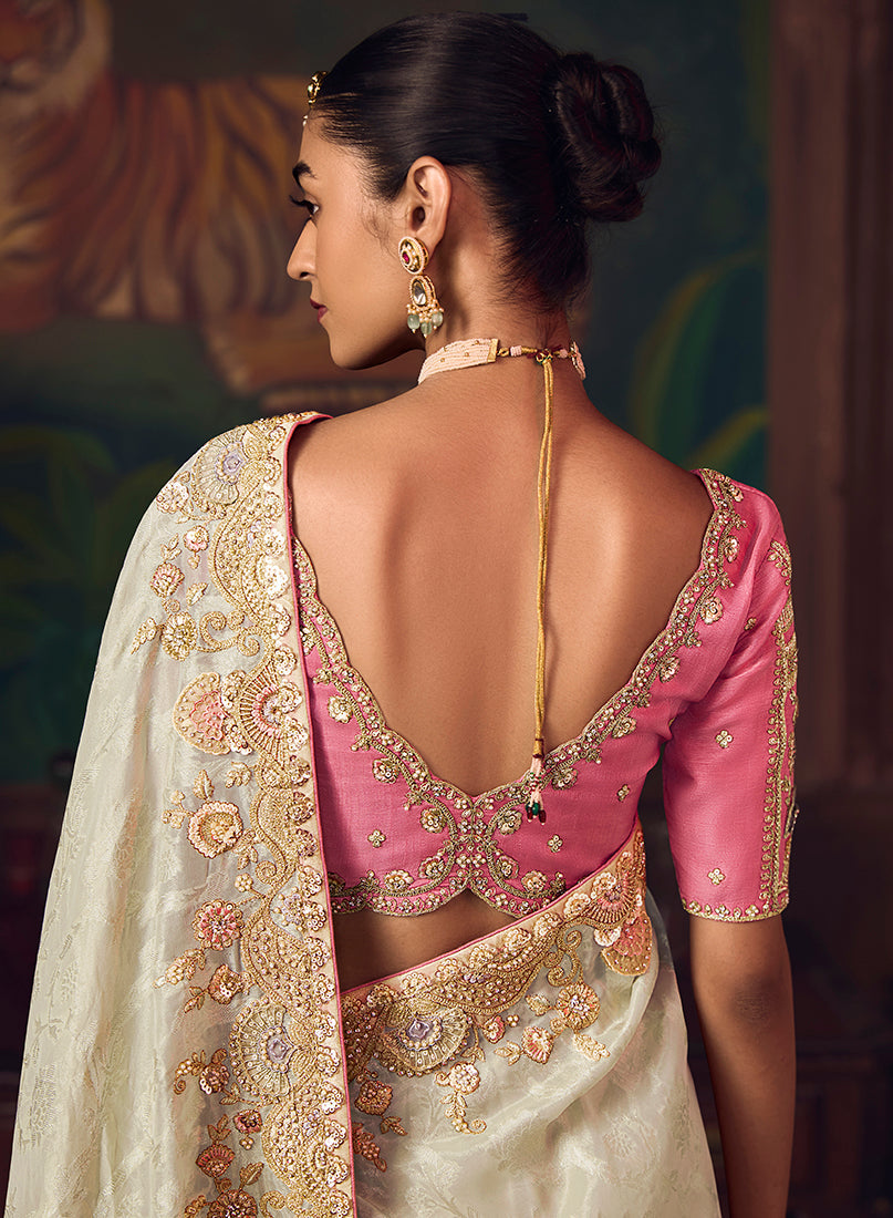 Monjolika Fashion Off White Zari Woven Silk Blend Embroidered Saree For Wedding Wear | Grocsy