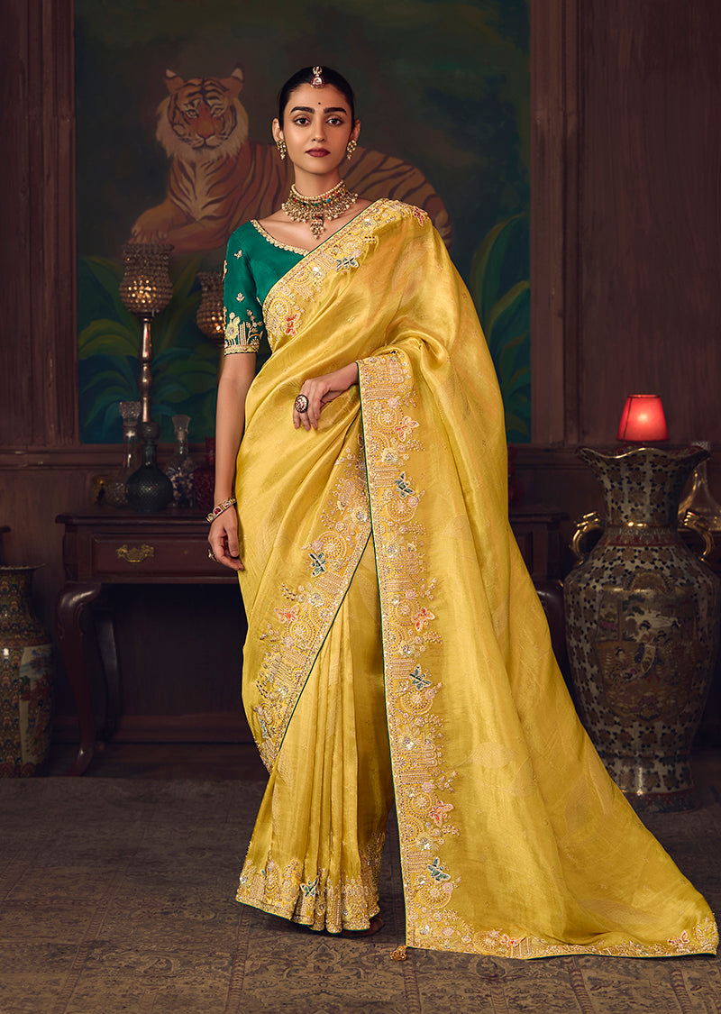 Monjolika Fashion Yellow Zari Woven Silk Blend Embroidered Saree For Wedding Wear | Grocsy
