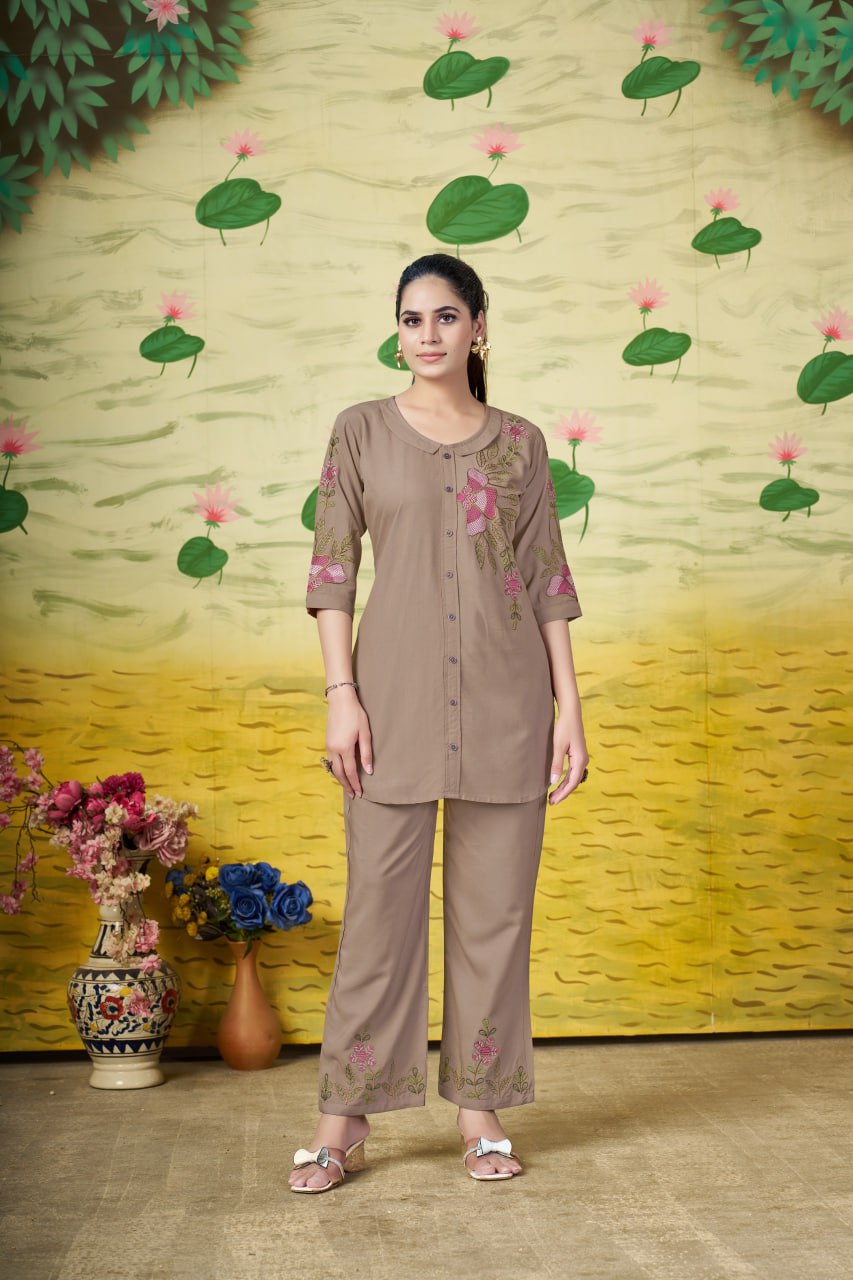 Pramukh Fab Brown Color Rayon Co-ords Set | Grocsy