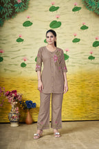 Pramukh Fab Brown Color Rayon Co-ords Set | Grocsy