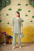 Pramukh Fab Olive Color Rayon Co-ords Set | Grocsy
