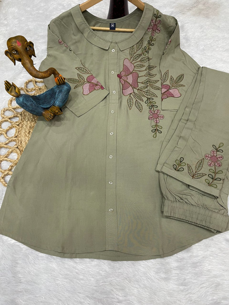 Pramukh Fab Olive Color Rayon Co-ords Set | Grocsy