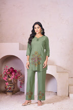 Pramukh Fab Olive Color Rayon Co-ords Set | Grocsy