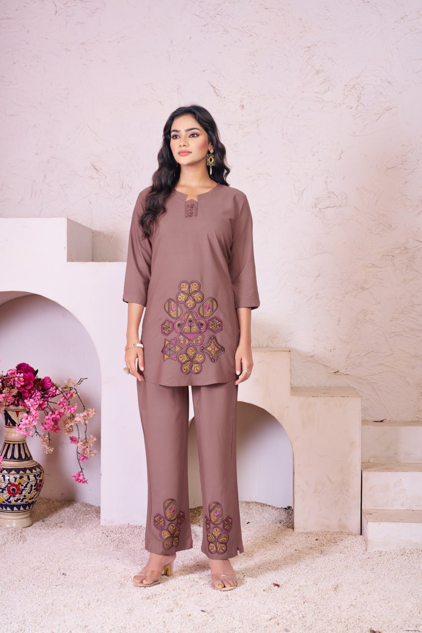 Pramukh Fab Coffee Color Rayon Co-ords Set | Grocsy