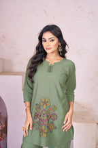 Pramukh Fab Olive Color Rayon Co-ords Set | Grocsy