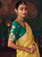 Monjolika Fashion Yellow Zari Woven Silk Blend Embroidered Saree For Wedding Wear | Grocsy