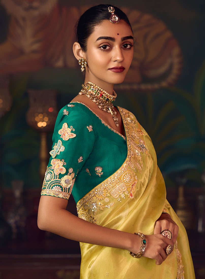 Monjolika Fashion Yellow Zari Woven Silk Blend Embroidered Saree For Wedding Wear | Grocsy